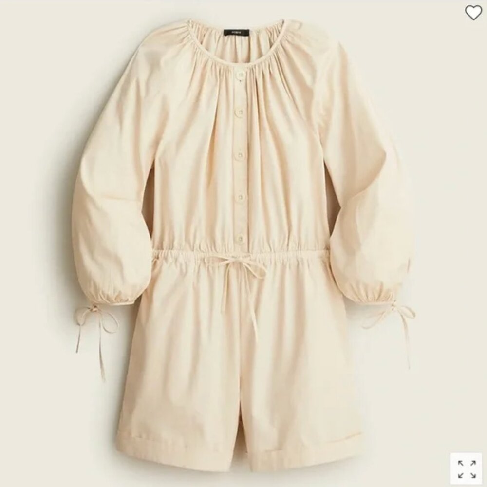 J. Crew Women’s Cotton Poplin Tie-Sleeve Button Front Romper in Palest Peach